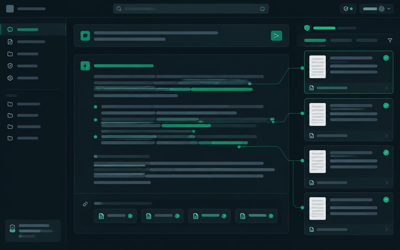 Intelligent Answers workspace showing grounded responses and citation trails