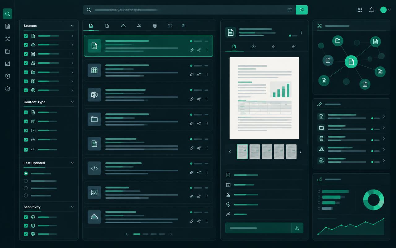 Discovery Platform workspace showing faceted search results and knowledge relationships